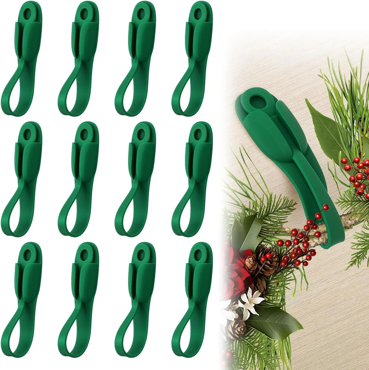 12 PCS Green Silicone Garland Hangers for Mantle Fireplace Stocking Holder Hook Festive Christmas Decorations No-Drill Mounting