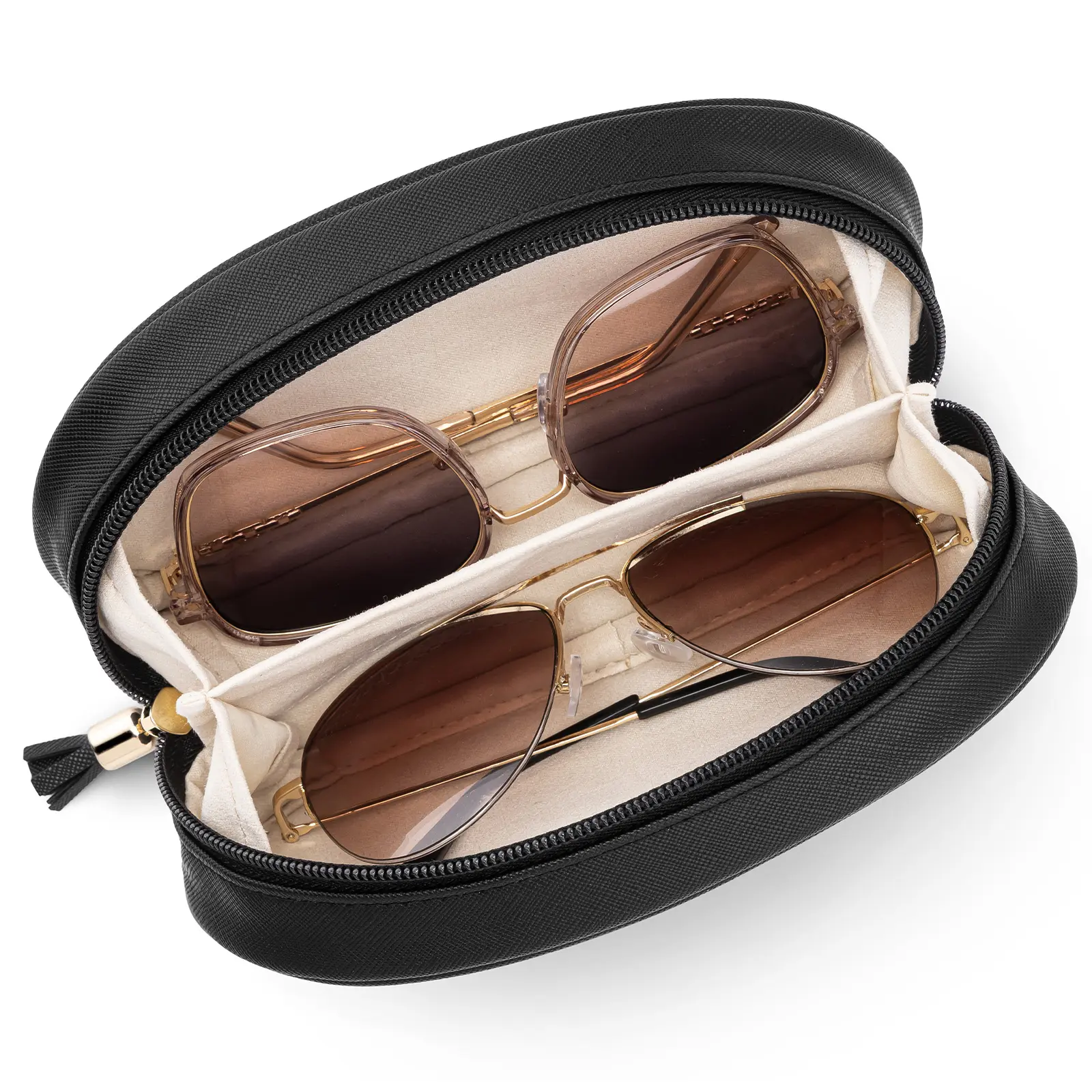 VLANDO Women's Classic 1-Piece Double Sunglasses Organizer Case - PU Leather Lightweight Travel Zipper Pouch, Soft Velvet Lining, Protective Compartments for 2-Pair Eyewear Storage, Car & Daily Carry