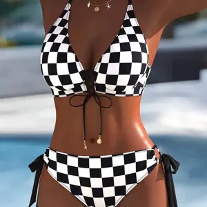 Checkered Bikini Set with Adjustable Straps and Gold Star Charms for a Stylish Beach Look