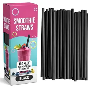 Boba Straws, Smoothie Straws, for Milkshake, Large, Wide, Bubble , Milk Shake, Disposable, , Thick, Big, Drinking, Extra  0.5 Diameter, Plastic, Black, 100 Pack, 10.5 Inch Long