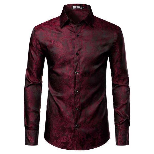 ZEROYAA Men's Paisley Jacquard Slim Fit Long Sleeve Button Up Dress Shirt for Party Prom