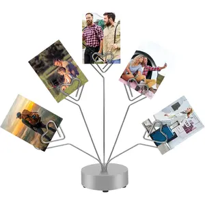 Heart-Shaped Photo Tree Style Desktop Photo Holders Round Base 5-Branch Family Picture Frame Clips Display Stand for Christmas Wedding Birthday Party Gift Silver