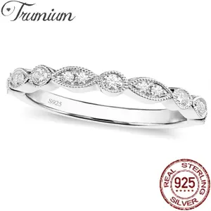 Trumium 925 Sterling Silver Half Eternity Wedding Band for Women, Marquise & Round Cubic Zirconia Stackable Ring