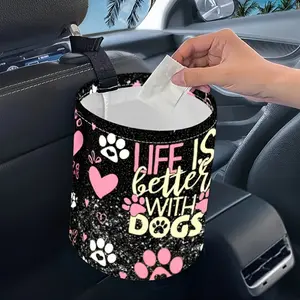 Car trash can with dog paw print design, car interior portable trash bin organizer, women's car accessories, kitchen camping garbage container