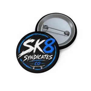 Clean blue, white & black SK8 Syndicates Co. pin button