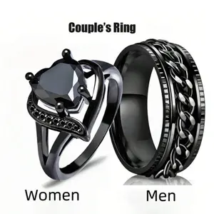Gothic Engagement Rings For Couples, Black Fashion Heart Shape For Women, Braided For Men, Ideal for Wedding, Valentine's Day,