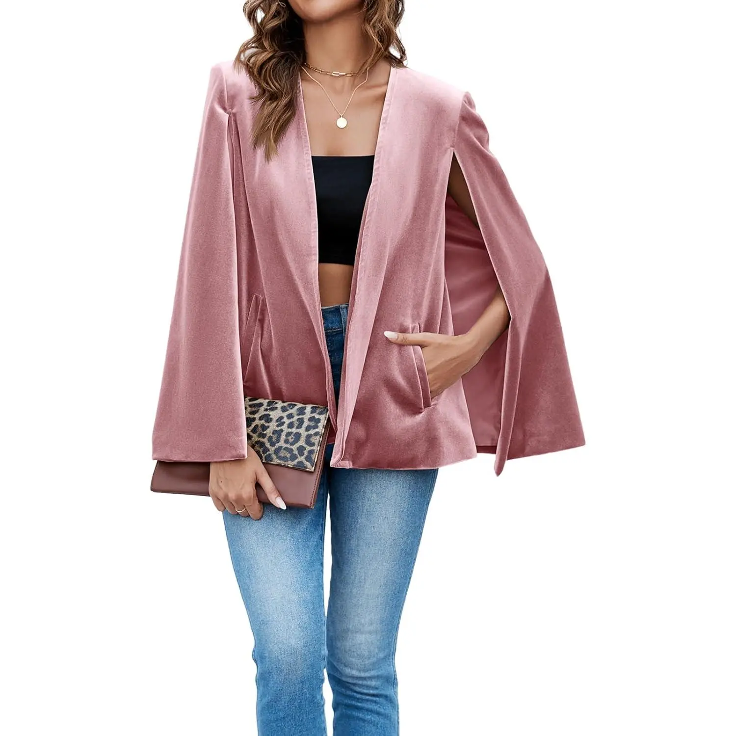 Lannew Women's Velvet Cape Blazer Jackets Casual Split Long Sleeve Open Front Coat