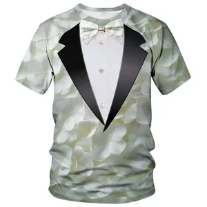 Unisex 3D Printed Tuxedo with Bow Tie & White Floral T-Shirt, Formal Event Wedding Party Prom Outfit for Adults