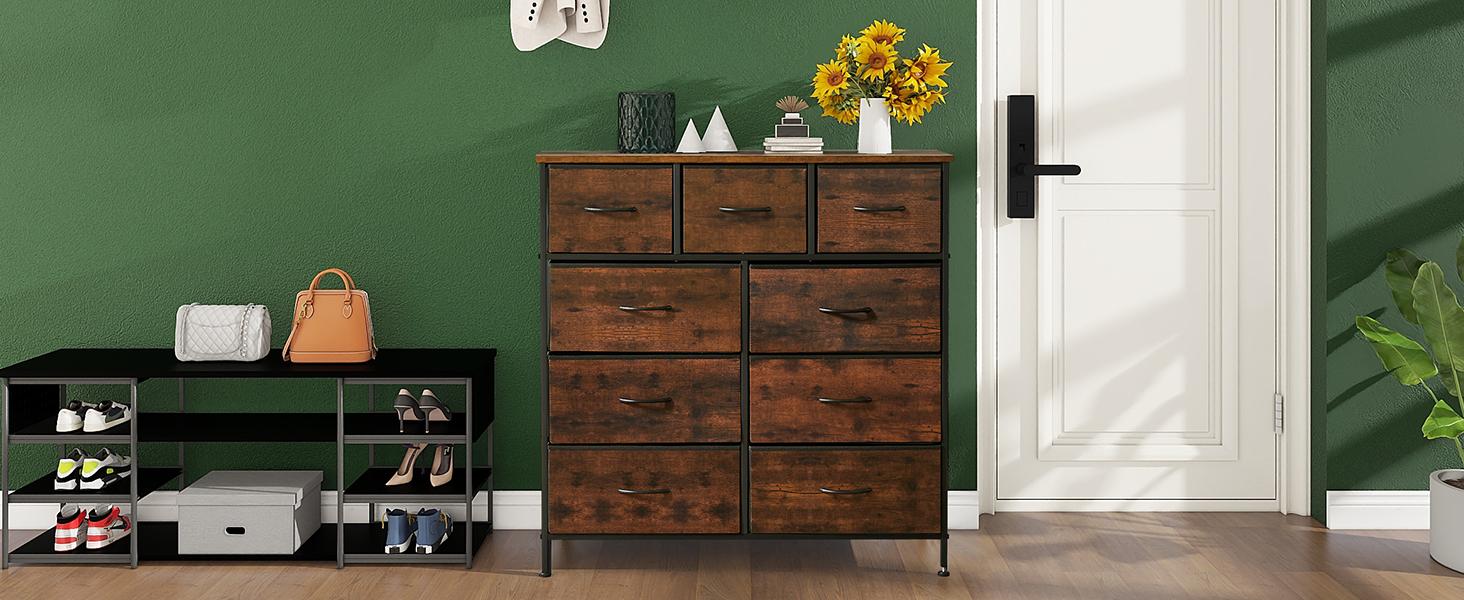 [Deal] Dresser for Bedroom with 9 Drawers, Clothes Drawer Fabric Closet Organizer Cabinet, Large Chest Storage Tower with Metal Frame & Wood Tabletop