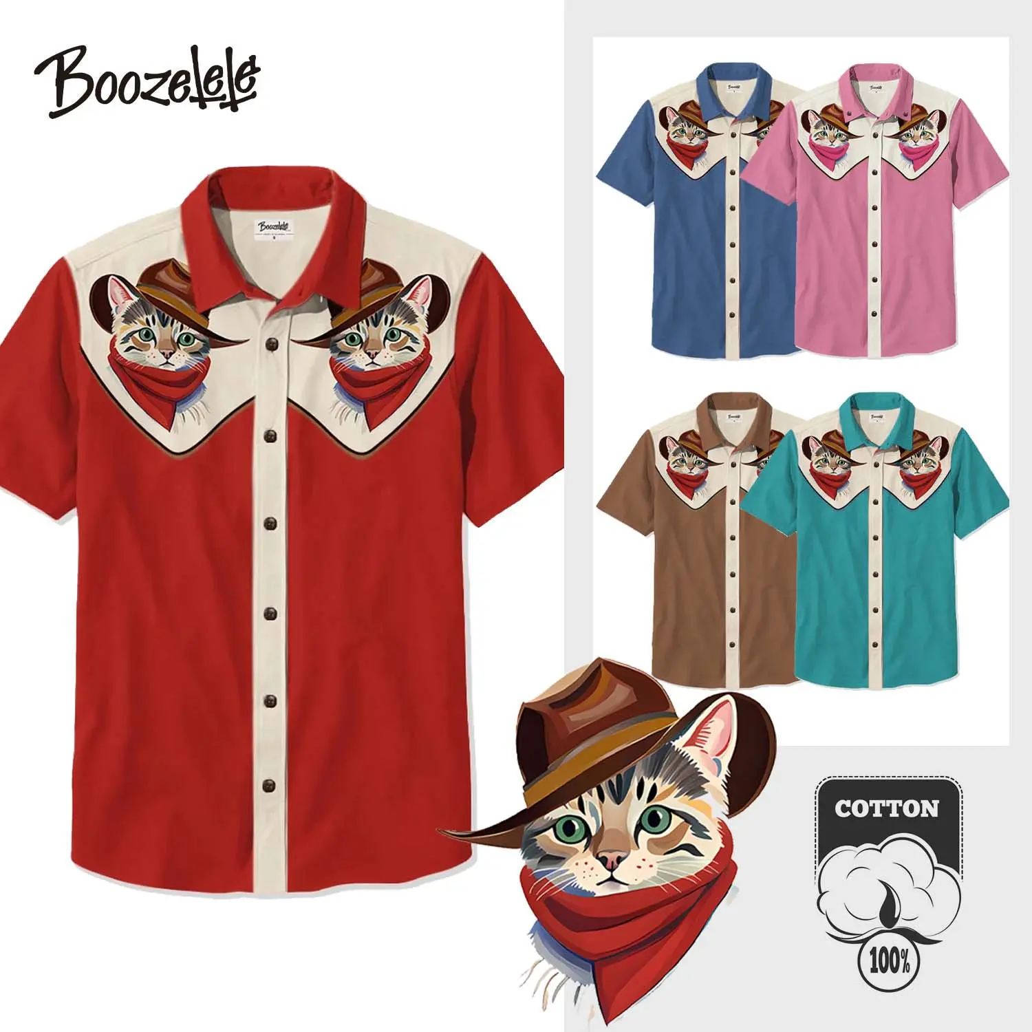 Boozelele Unisex Vintage Western Cowcat Cowboy Print Short Sleeve Shirt Collar Cotton Graphic Tees,Vacation Outfits,Men Gifts