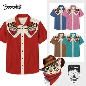 Boozelele Unisex Vintage Western Cowcat Cowboy Print Short Sleeve Shirt Collar Cotton Graphic Tees,Vacation Outfits,Men Gifts
