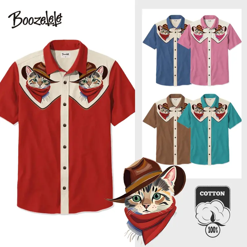 Boozelele Unisex Vintage Western Cowcat Cowboy Print Short Sleeve Shirt Collar Cotton Graphic Tees,Vacation Outfits,Men Gifts