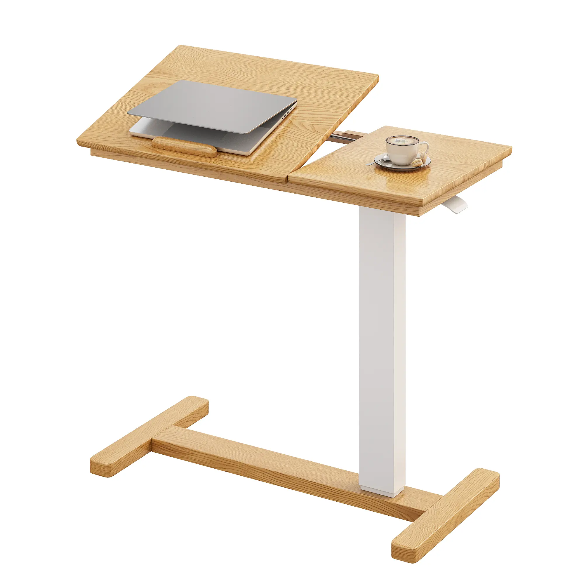 Solid Wood Bedside Table with Hidden Casters Adjustable Hospital Bed Table Rolling Laptop Table Detachable Double Desktop Pneumatic Spring Lift Suitable for Hospital and Home Use Natural Wood Finish