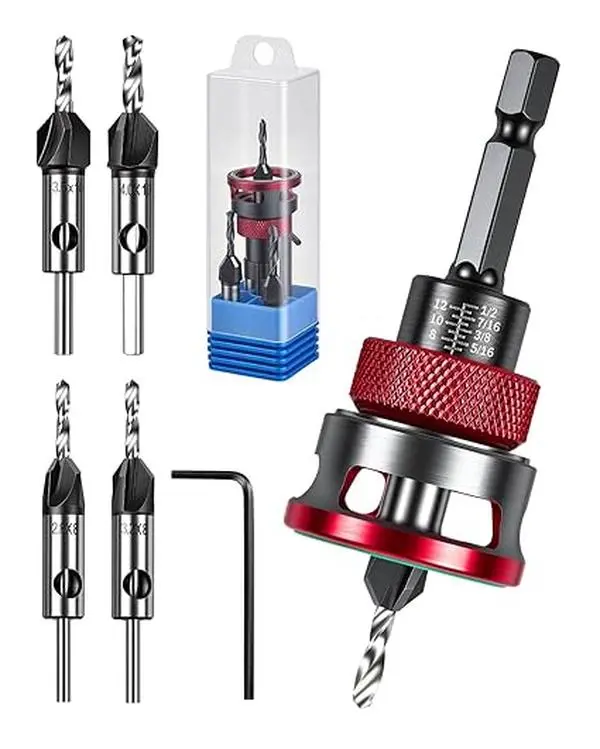 4PCS HCS Adjustable Countersink Drill Bit Set with Depth Stop, Laser Scale & Hex Wrench – Perfect for Woodworking, Cabinet Installation & DIY Furniture