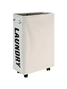 Slim Laundry Basket on Wheels, Collapsible Rolling Laundry Hamper, Foldable Narrow Corner Clothes Storage Bins (Beige), Wheeled Laundry Basket