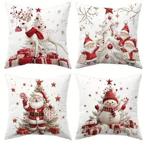 4pcs Festive Christmas Throw Pillow Covers, Featuring Santa, Snowman, Gnome & Tree Design for Home Sofa & Bedroom Decor, Christmas Pillow Covers, Single-sided Printing, Without Pillow Core, Home Textile