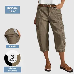 Flamingals Patch Pocket Seam Front Mid Rise Straight Leg Capri Pants Womenswear Stretchy 18.9" Inseam