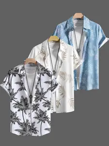 Men's Regular Fit Palm Tree & Leaf Print Short Sleeve Shirt, Casual Graphic Top for Summer, Men's Clothes for Beach Vacation, Menswear, Casual Button Collared Hawaiian Shirt, Casual Party Shirt, Shirtsmen