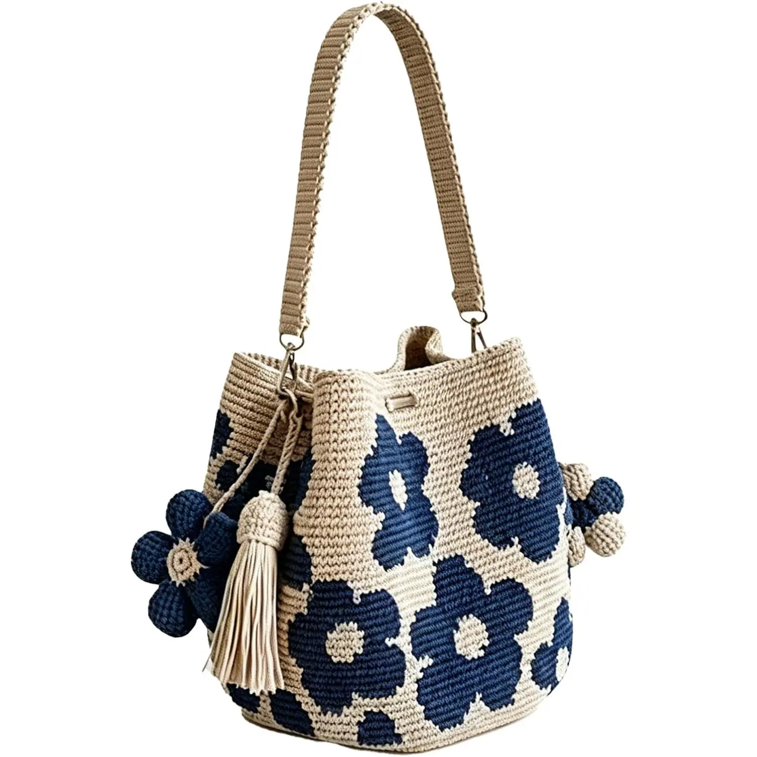 Handmade Crochet Flower Tote, Knit Floral Purse Bag, Boho Woven Beach Handbags Crossbody Shoulder Bag for Women Vacation
