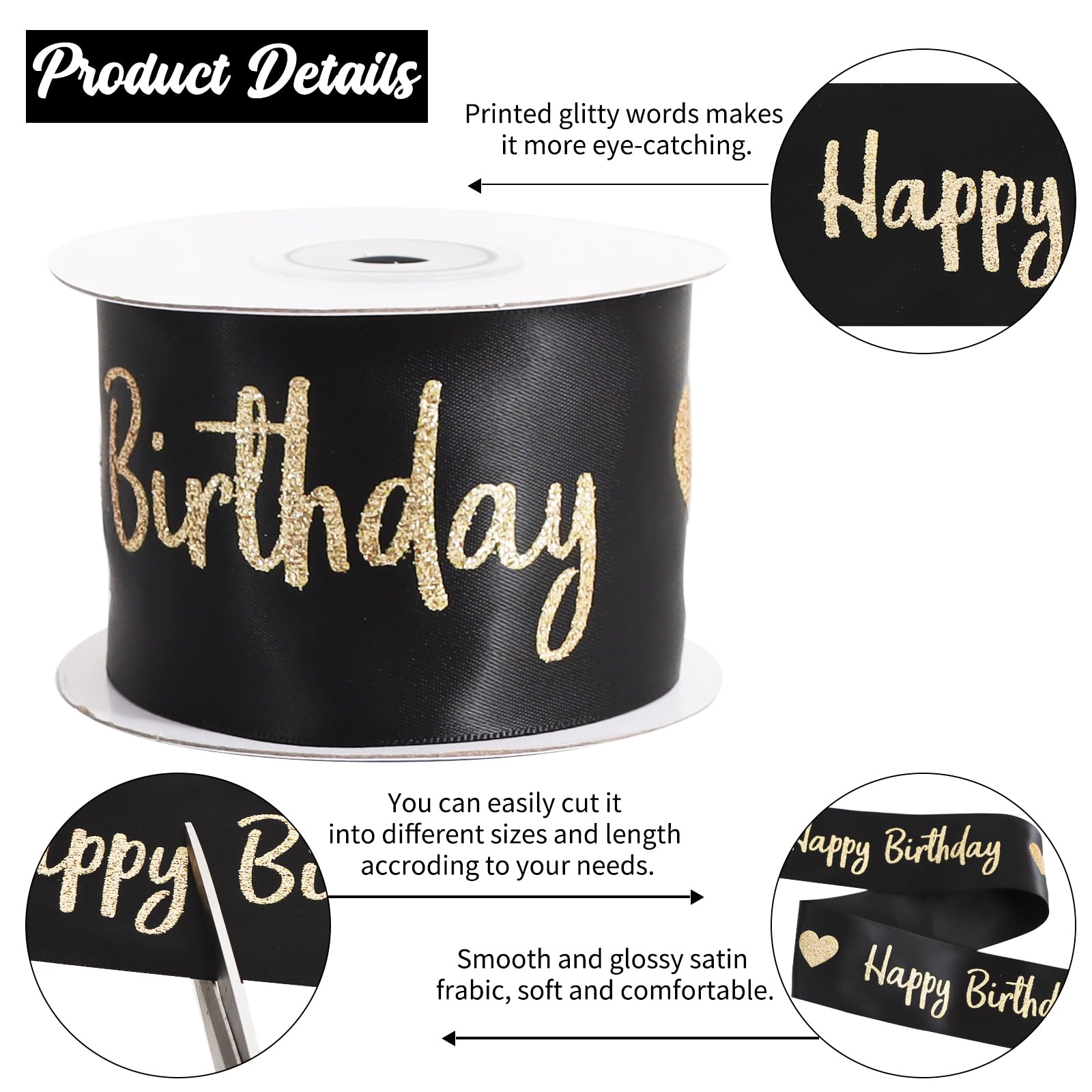 Glitter Black Happy Birthday Satin Ribbon 2 Inch x 10 Yards Wide Printed Shiny Ribbon for Gift Wrapping,Flower Bouquet Decoration,Crafts,Banner Making and Party Supply