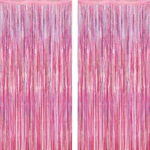 2 Pack Glitter Pink Backdrop, 3.28 FT x 7.05 FT Birthday Party Decorations, Laser Pink Fringe Curtains Foil Streamer Tinsel, Pink Curtains Photo Backdrop Happy Birthday Backdrop