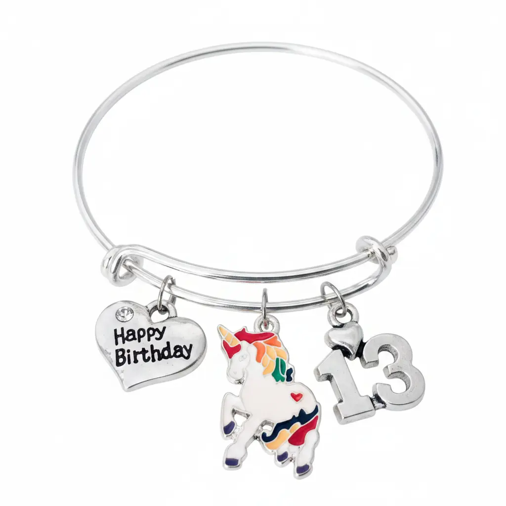 Unicorn 13th Birthday Bracelet | Happy Birthday & Rainbow Unicorn Charm | Silver Expandable Bangle | Gift for Teen Girl