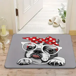 Ultra Soft Flannel Material Non-Slip Mat, Cute Bulldog with Glasses Print Doormat, Machine Washable and Fade-Resistant, Suitable for Kitchen, Dining Room, Hallway, Bathroom, Bedroom, Study, Computer Room, Indoor/Outdoor Entrance Welcome Mat, Home Decor