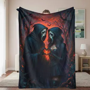 Hooded Lovers Flannel Blanket Gothic Romance Print Soft Cozy Warm Lightweight for Sofa Bedroom Halloween Party Anniversary Gift