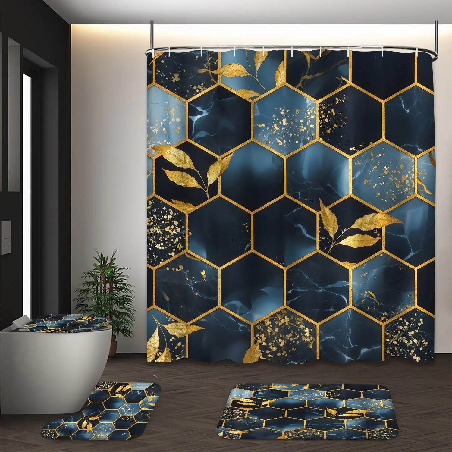 Lvrlvr 4 Piece Blue Gold Marble Geometric Leaf Luxury Bathroom Set, Includes Shower Curtain, Mat, Toilet Cover, Hooks, 70.8x70.8 Inches, Shower Curtain Sets, Shower Essentials