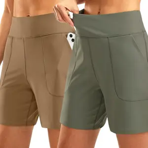 2Pack Plus Size Women HighWaist Running Shorts with Pockets Long Sports Shorts for Exercise Yoga Gym