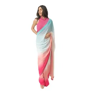 Shaded Silk Pre-Draped Saree with Hand Embroidered Blouse