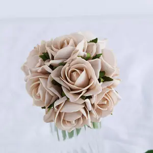 24 Roses Champagne Artificial Foam Flowers With Stem Wire and Leaves 2"