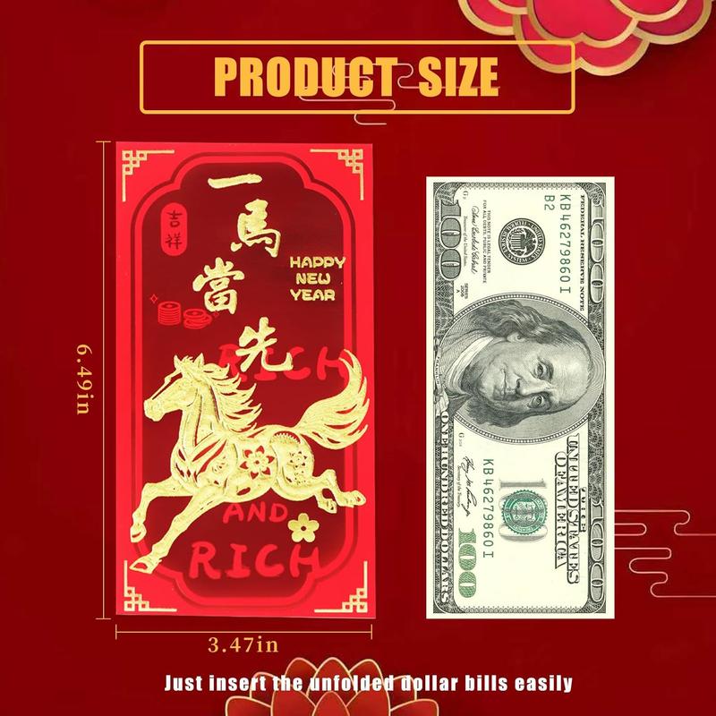 Chinese New Year Red Envelopes, Lunar New Year Envelopes Decorations Gifts Year of the Horse 2026 Red Envelope with 6 Golden Patterns for New Years Eve Party Supplies, Party Favors (18 Pcs 6.5*3.5in)