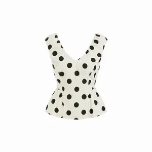 Cider Polka Dot V-Neck Shirred Peplum Blouse