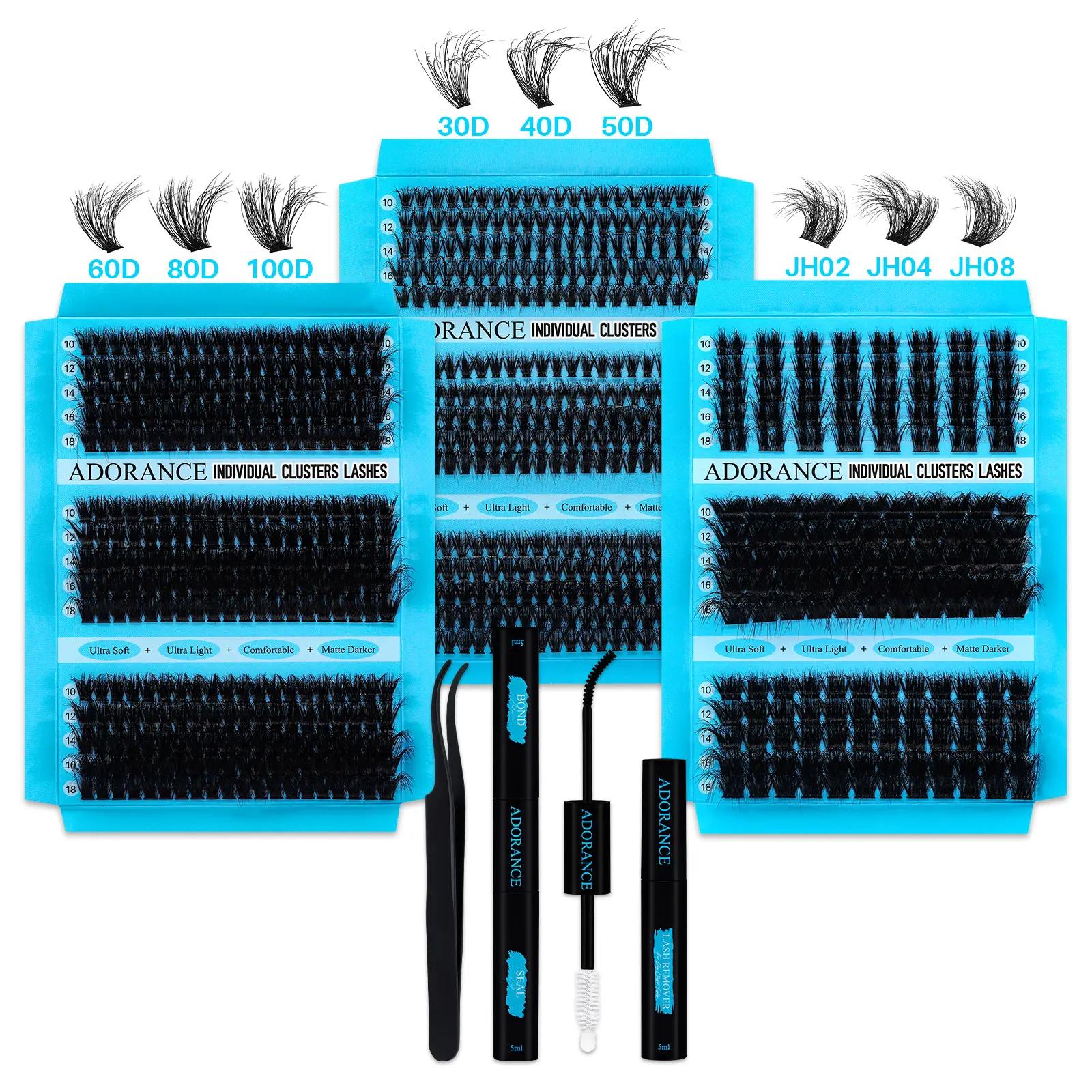 300PCS/300PCS/155PCS 30D40D50D/60D80D100D/JH02JH04JH08 Lash Clusters D Curl Mixed 10-18mm Volume & 3D Effect CLuster lashes Wispy Lashes, 3 Styles in one Tray, Kit With BOND&SEAL, Lash Remover and Tweezers For DIY At Home, Beginner friendly