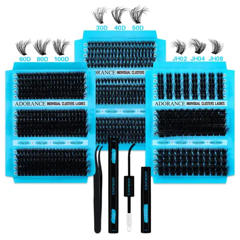 ADORANCE Cosmetic Eyelash Extension Cluster Lashes Kit, 3-Styles-in-1 Tray (30D-50D, 300/300/155PCS, 30D-100D/JH02-JH08 D Curl, 10-18mm) Bundle with 3D Wispy Clusters, Bond, Seal, Remover, Tweezers, Beginner-Friendly for DIY Home Use
