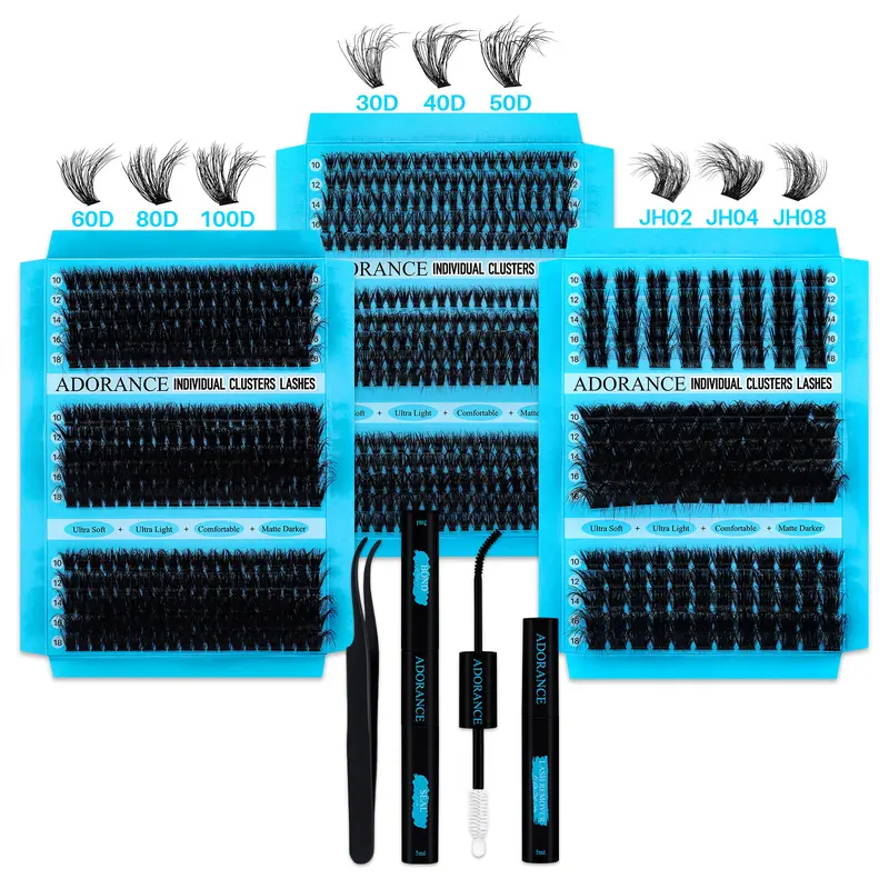 ADORANCE Cosmetic Eyelash Extension Cluster Lashes Kit, 3-Styles-in-1 Tray (30D-50D, 300/300/155PCS, 30D-100D/JH02-JH08 D Curl, 10-18mm) Bundle with 3D Wispy Clusters, Bond, Seal, Remover, Tweezers, Beginner-Friendly for DIY Home Use