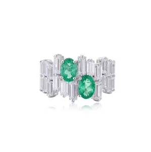Two Stone Emerald Engagement Ring – Oval Cut Emerald Vintage Sterling Silver Ring – Baguette CZ Cluster Bridal Promise Ring Gift for Her