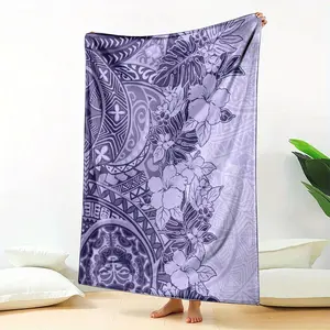 Polynesian Blanket Hibiscus And Hawaiian Tribal Tattoo Vintage Style Violet Soft, Warm Comfortable, Suitable For Sofa, Bed, Car, Office, Camping |   All-Season Gift Blanket