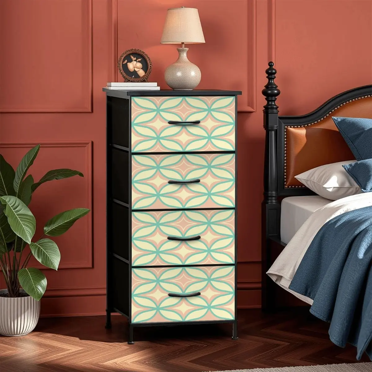Mid Century Modern Starburst Diamond Pink, Mint Green 4-Drawer Dresser