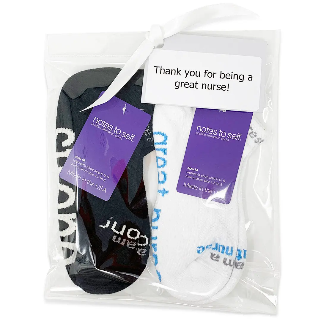 For a Great Nurse, 2-pair gift bag: white I am a great nurse® + black I am strong™ socks