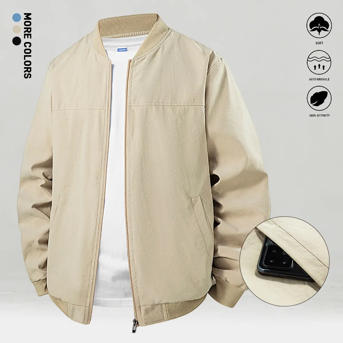 Men’s casual varsity bomber jacket, lightweight outerwear with a stand collar, long sleeves, and zip-up closure for fall/winter, long sleeves, menswear, jackets, casual varsity vibe, fitted, polyester, plain, menswear, beads Coats Tops