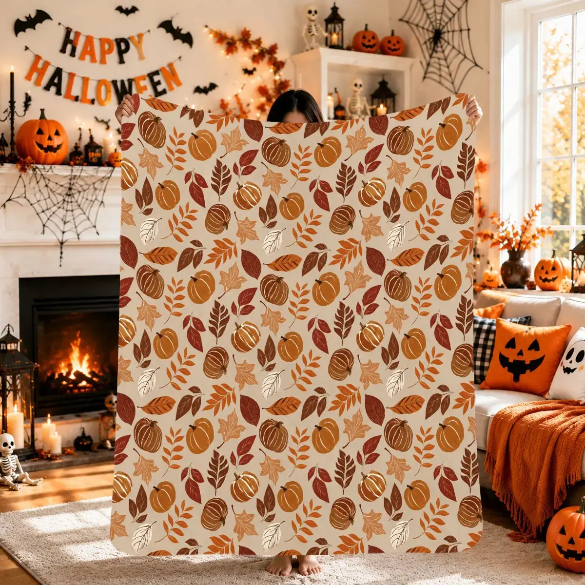 Caramel Pumpkin Leaf Print Flannel Throw Blanket, Soft Warm Anti-Pilling, Halloween Gift, Fall Party, Bed/Sofa/Air Conditioning Blanket