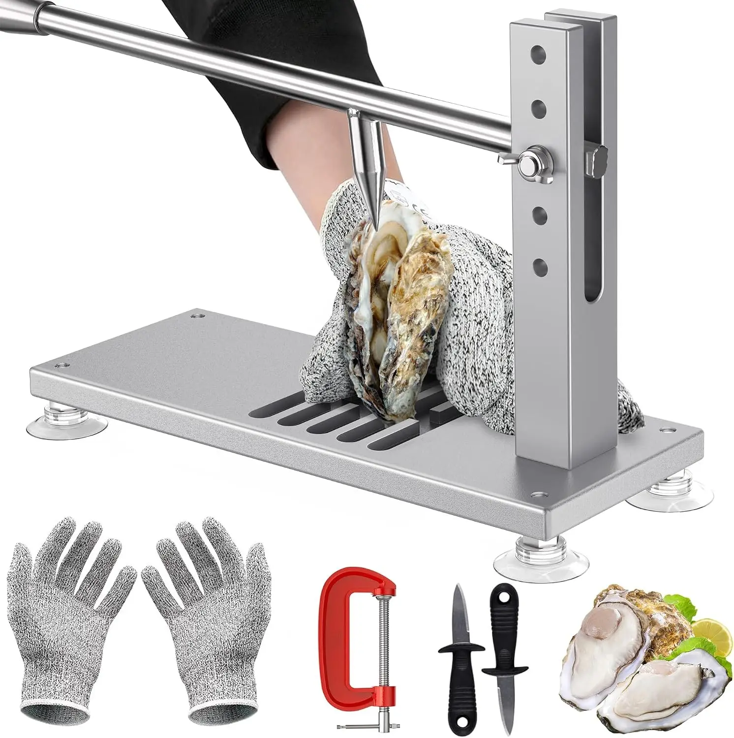 Oyster Clam Opener Machine Adjustable Oyster Shucker Tool Set Includes Knives, Glove and G-Clip, Seafood Tools for Hotel Family Buffet