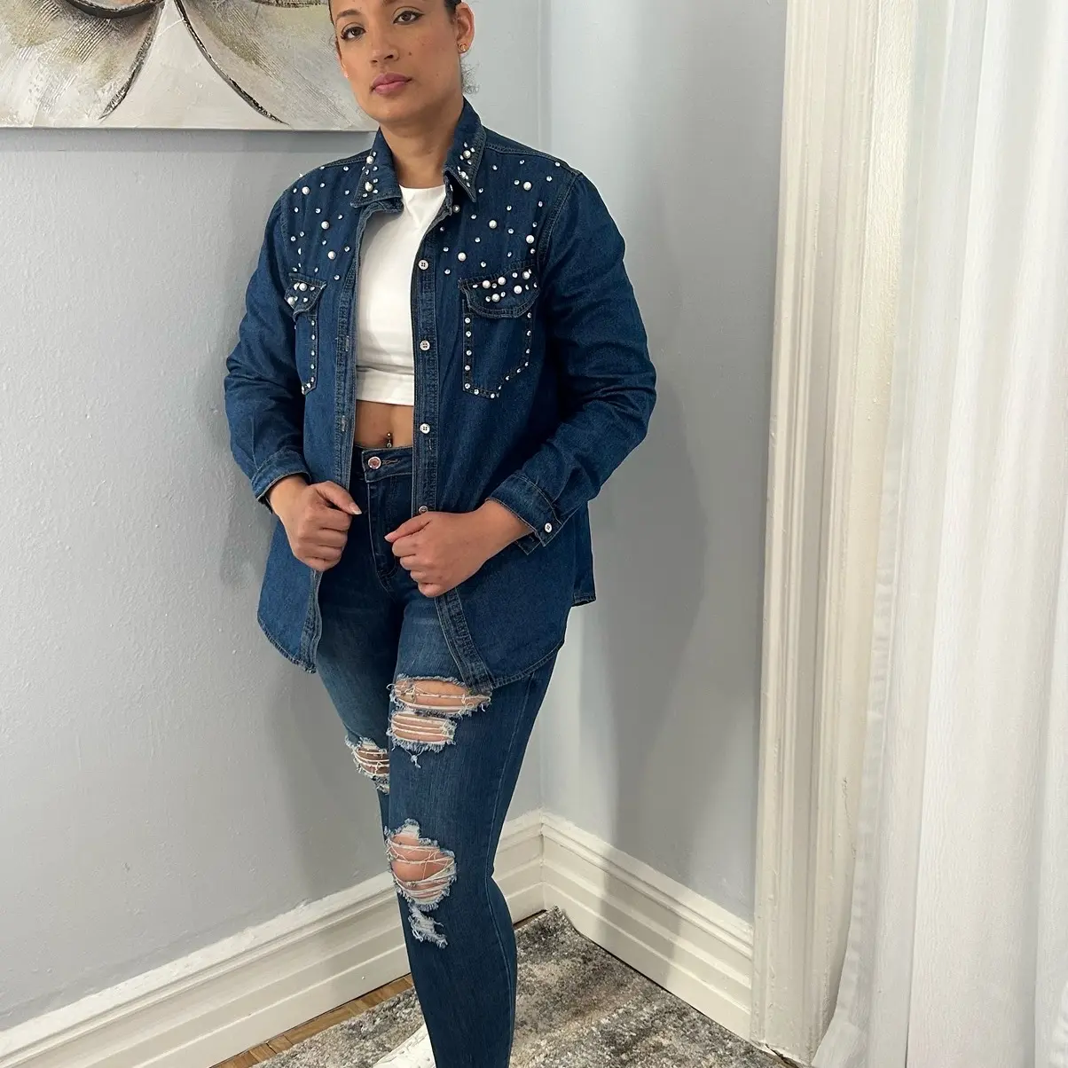 Ligth Denim Jacket With Pearl Embellishment