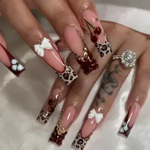 New Fashion Square Leopard Print Cherry Nail Tips, Nude Base with Wine Leopard Edge, Glitter Butterfly Design, Detachable False Nails
