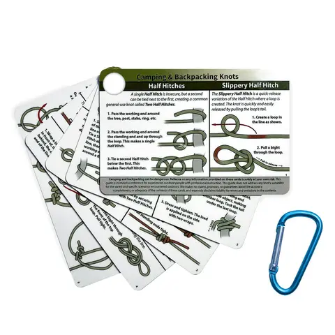 Outdoor Knots Card with Mini Carabiner, 5 Counts/set Durable Waterproof Knot Tying Card , Includes 22 Rope Knots Skill for Camping, Backpacking, Scouting