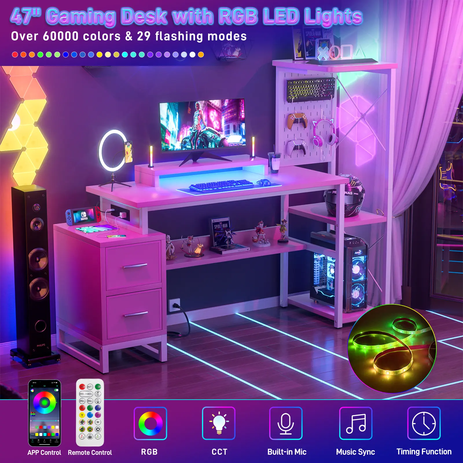 Pink Computer Desk with 2 Fabric Drawers - Reversible Home Office Desk with Power Outlet & LED Lights Gaming Desk with Monitor Stand & Storage Shelves