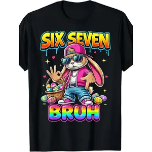 Happy Easter Bruh Funny Six Seven 6 7 Meme Bunny Boy Kid T-Shirt | Pure, Casual, Crew Neck, Short Sleeve, Geometric-Pattern, Perfect for Spring/Summer