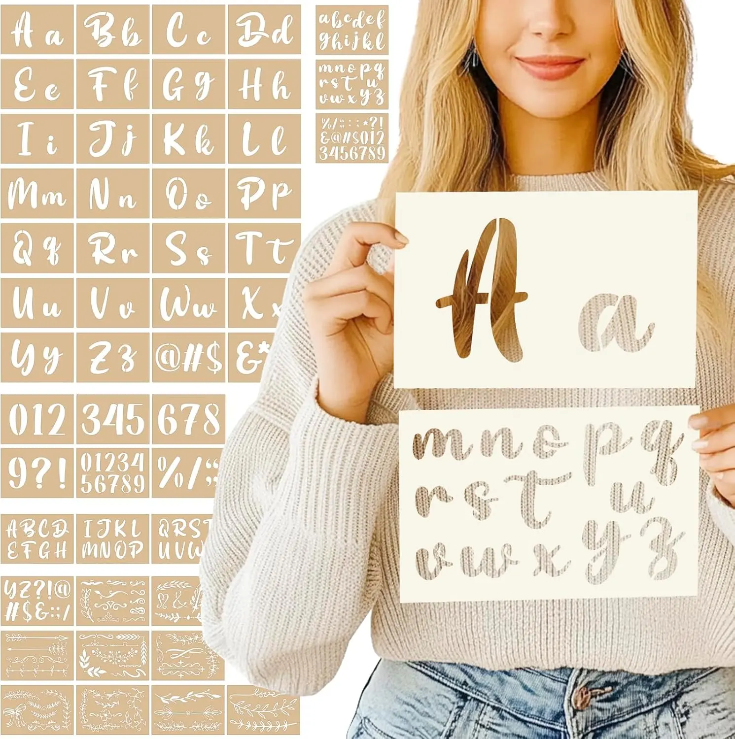 50 count Calligraphy Stencil Template Kit - 4 Inch and 2 Inch Letter Stencils and Numbers, Plastic Alphabet Stencils for Crafts  for Arts Crafts Painting